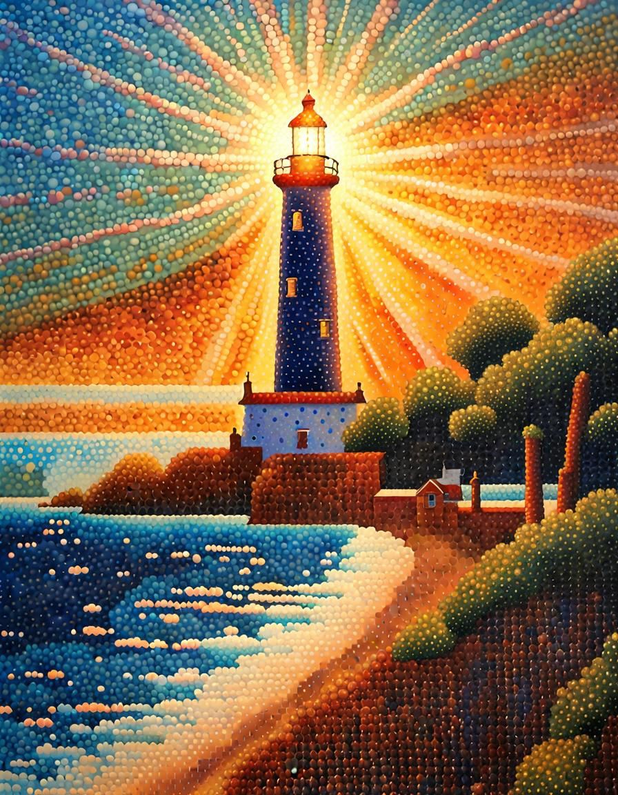 Pointillist Lighthouse with Heavenly Light
