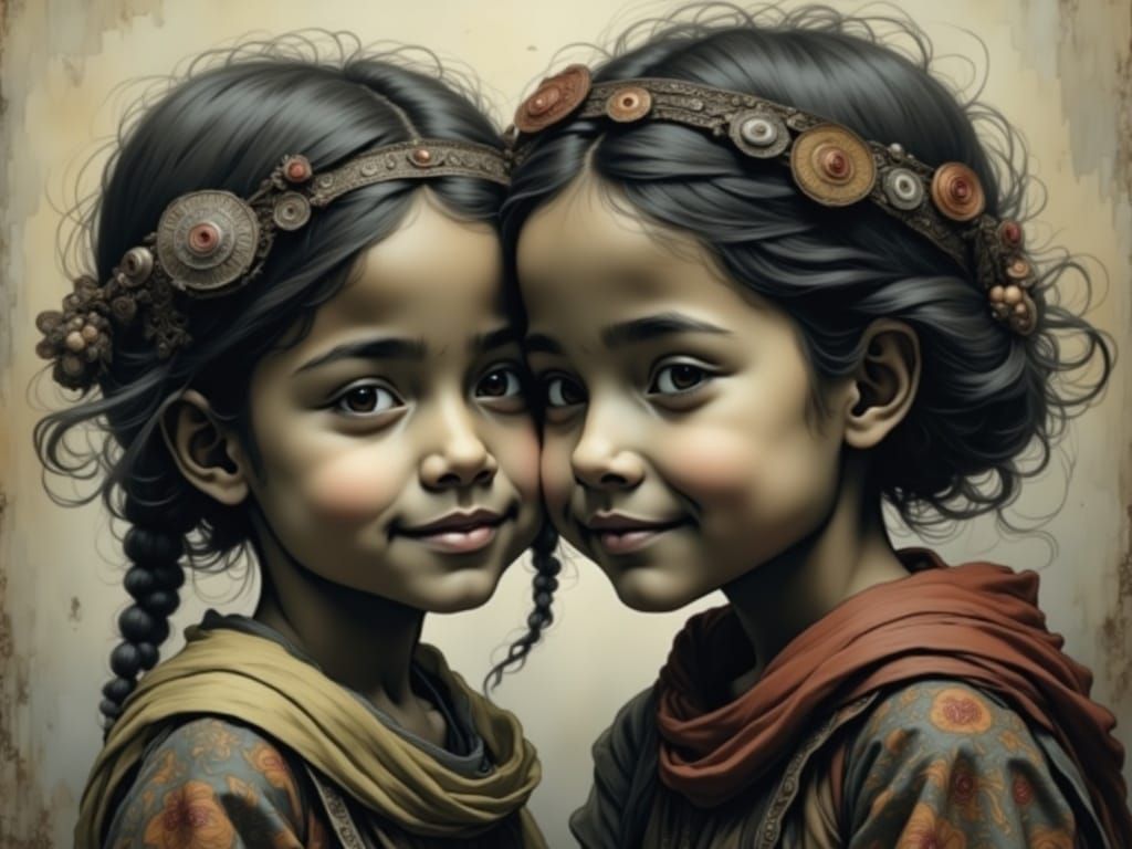 Two Women Share Tender Moment in Whimsical, Dreamy Landscape