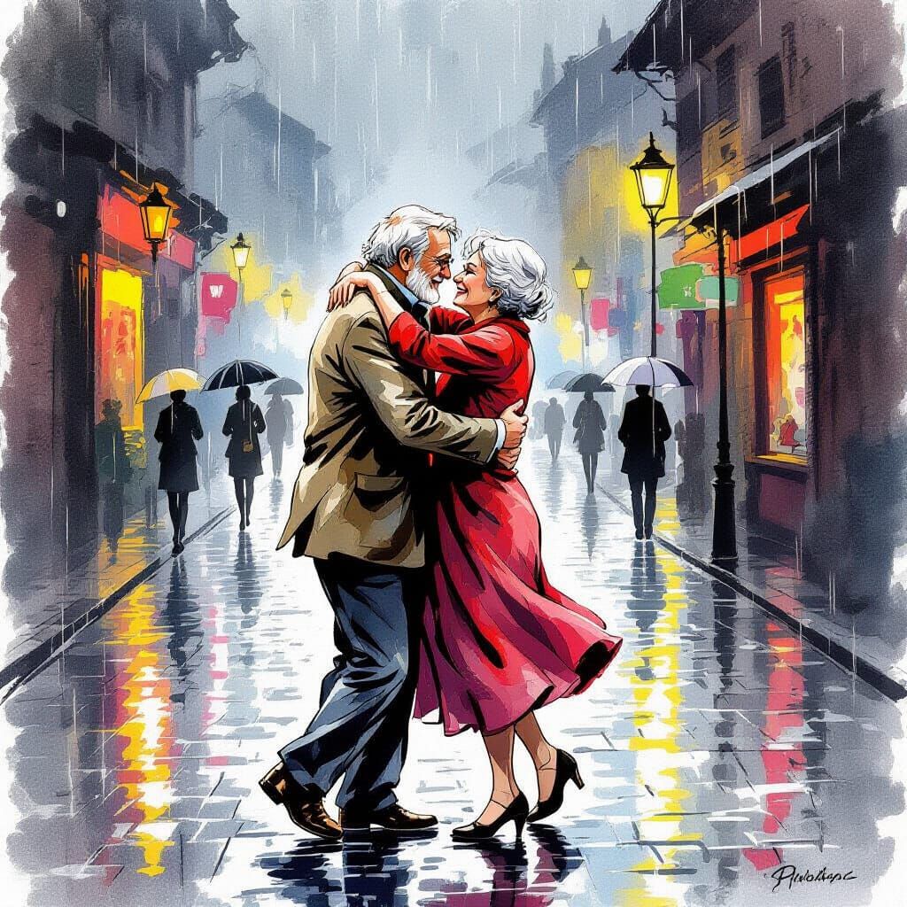 Elderly Couple Dancing Joyfully in Rain Ink Drawing