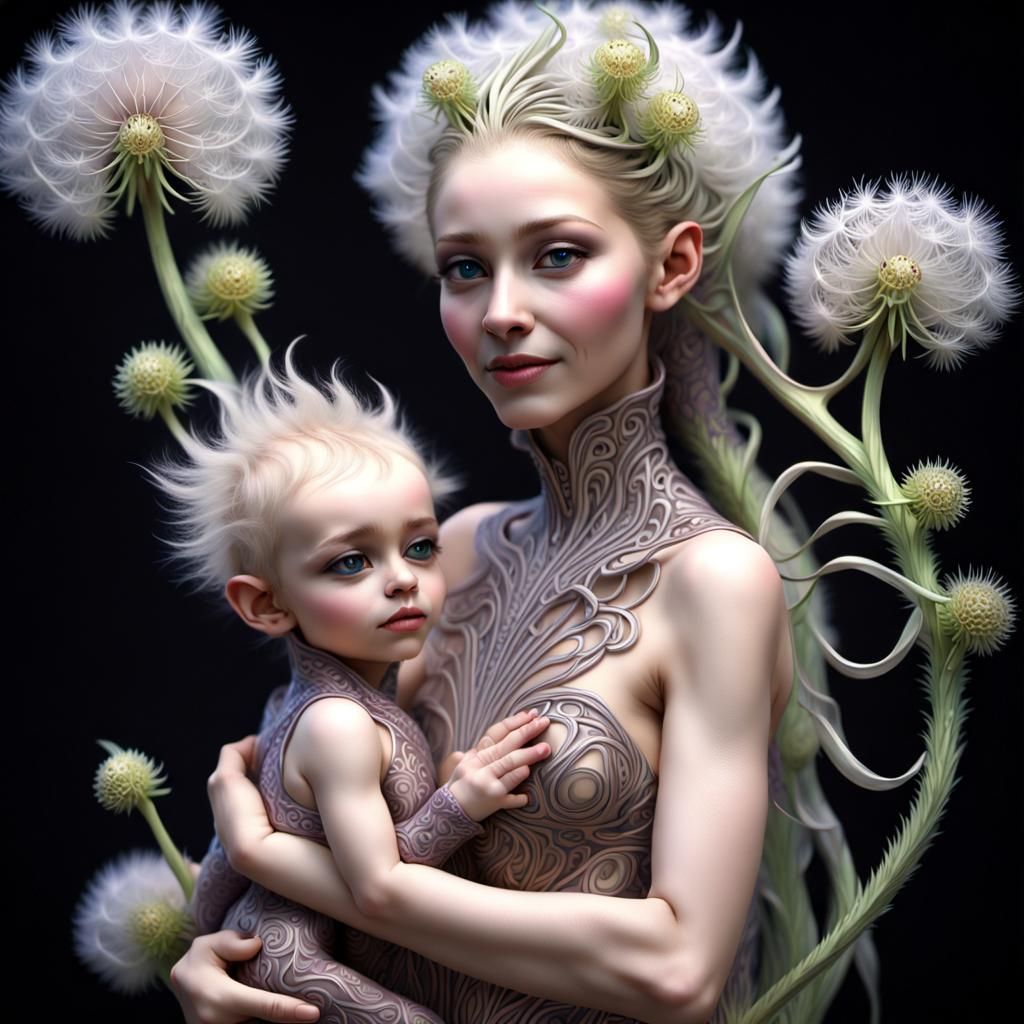 Ethereal Mother and Child in Orchid Garden