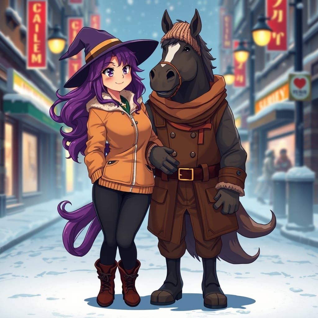 Adorable Witch Hugs Half-Horse, Half-Man Companion in Snowy...