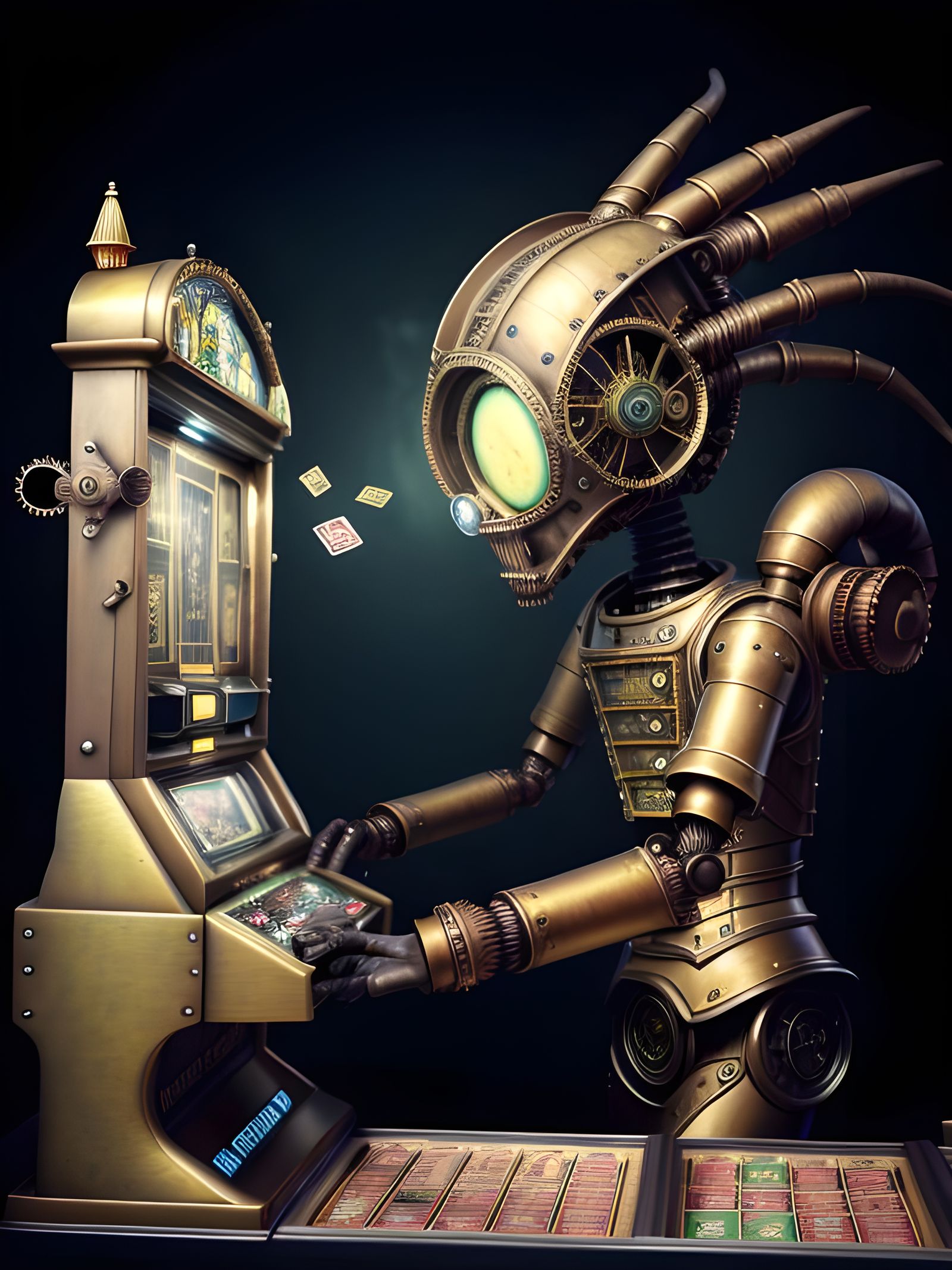 Steampunk Robot Gambler in Victorian Casino