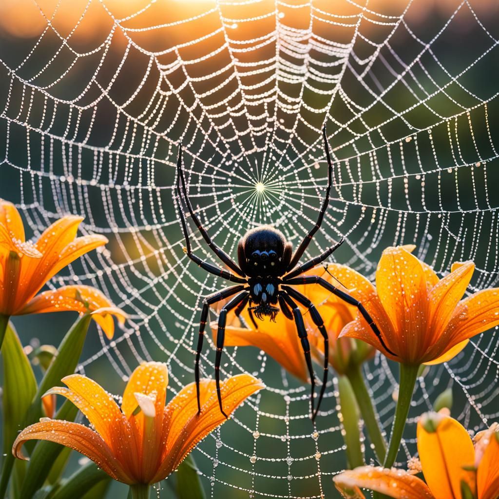 Black Spider in Dew-Kissed Web at Sunrise