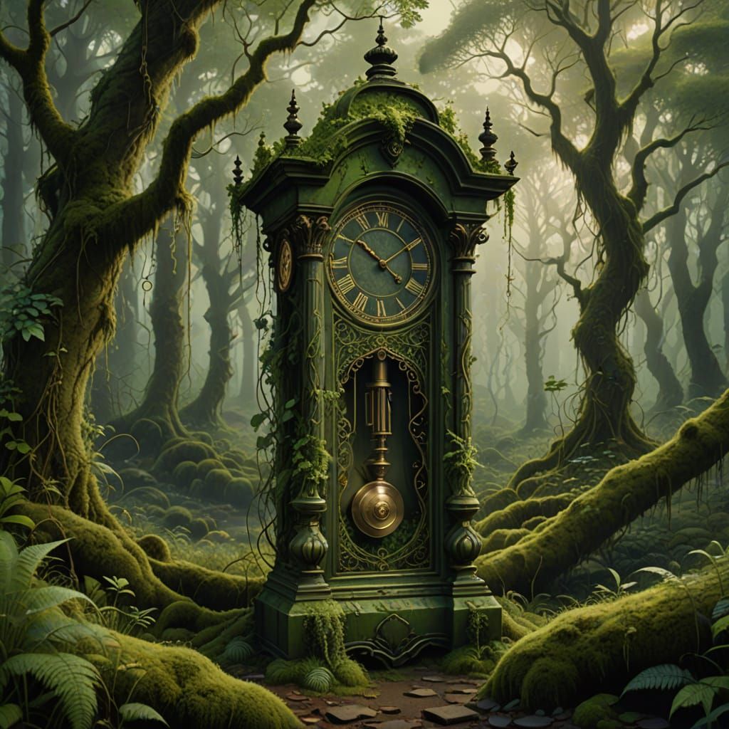 Enchanted Grandfather Clock in Mystical Forest