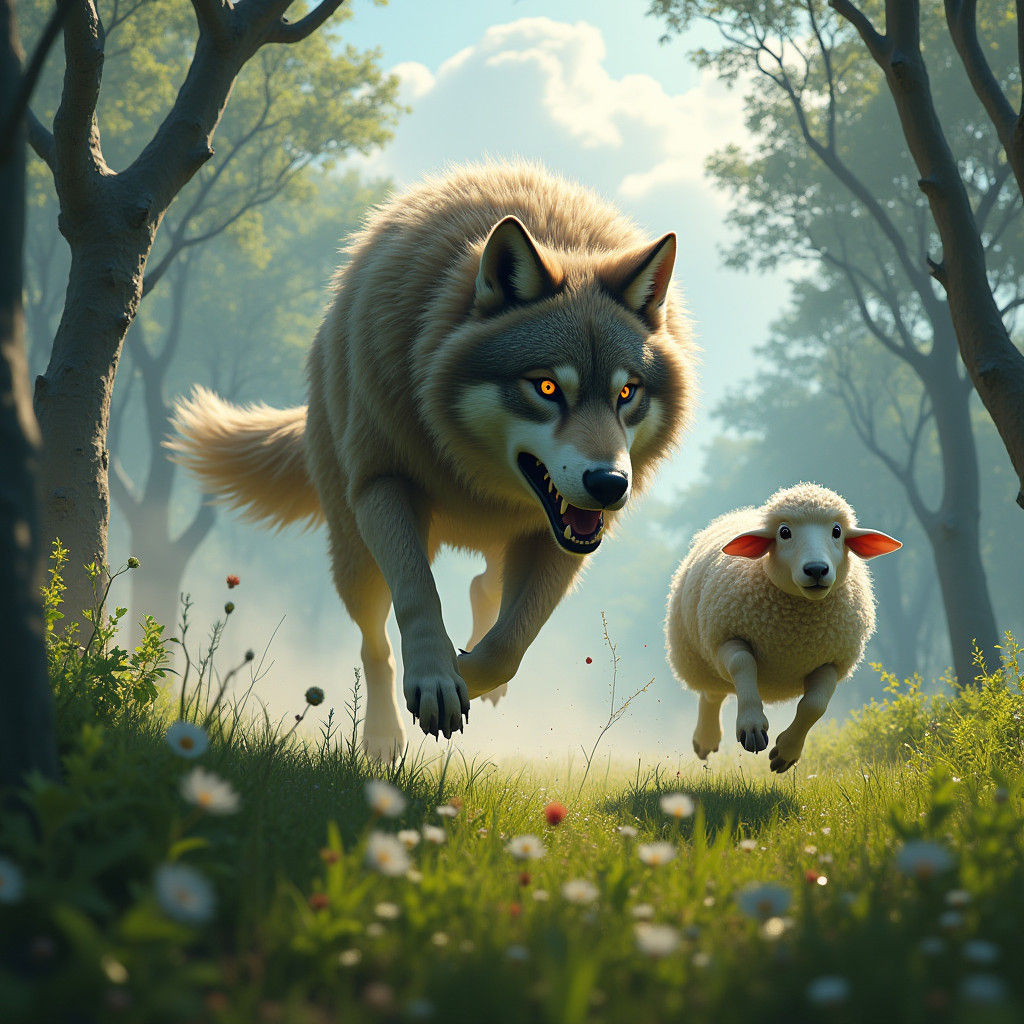 Wolf Chasing Sheep in Lush Forest, Fantasy Art