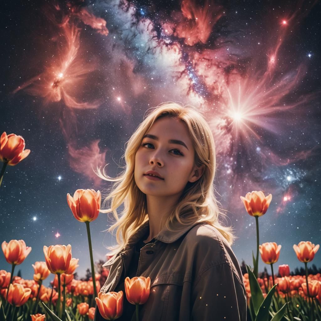 Tulip Girl in Nebula Night Sky