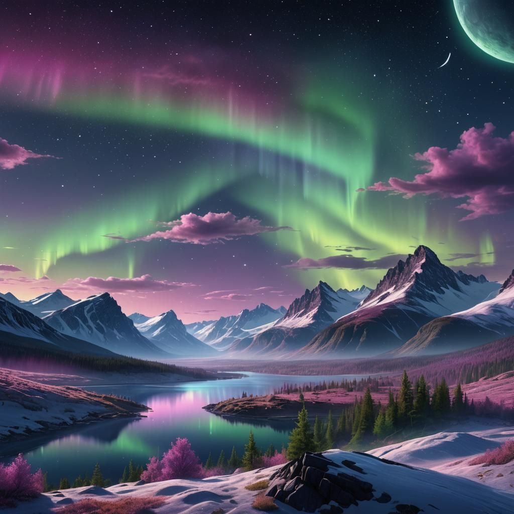 Aurora Borealis Under Silver Moon: Fantasy Concept Art