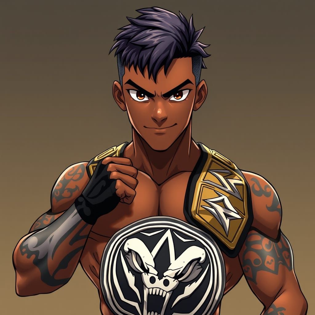 Anime Wrestler with Skeleton Tattoos and Championship Belt