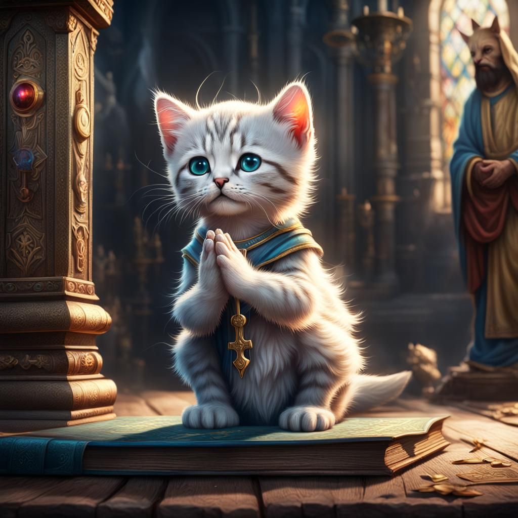 Little anthropomorphic kitten practicing Christianity He's p...