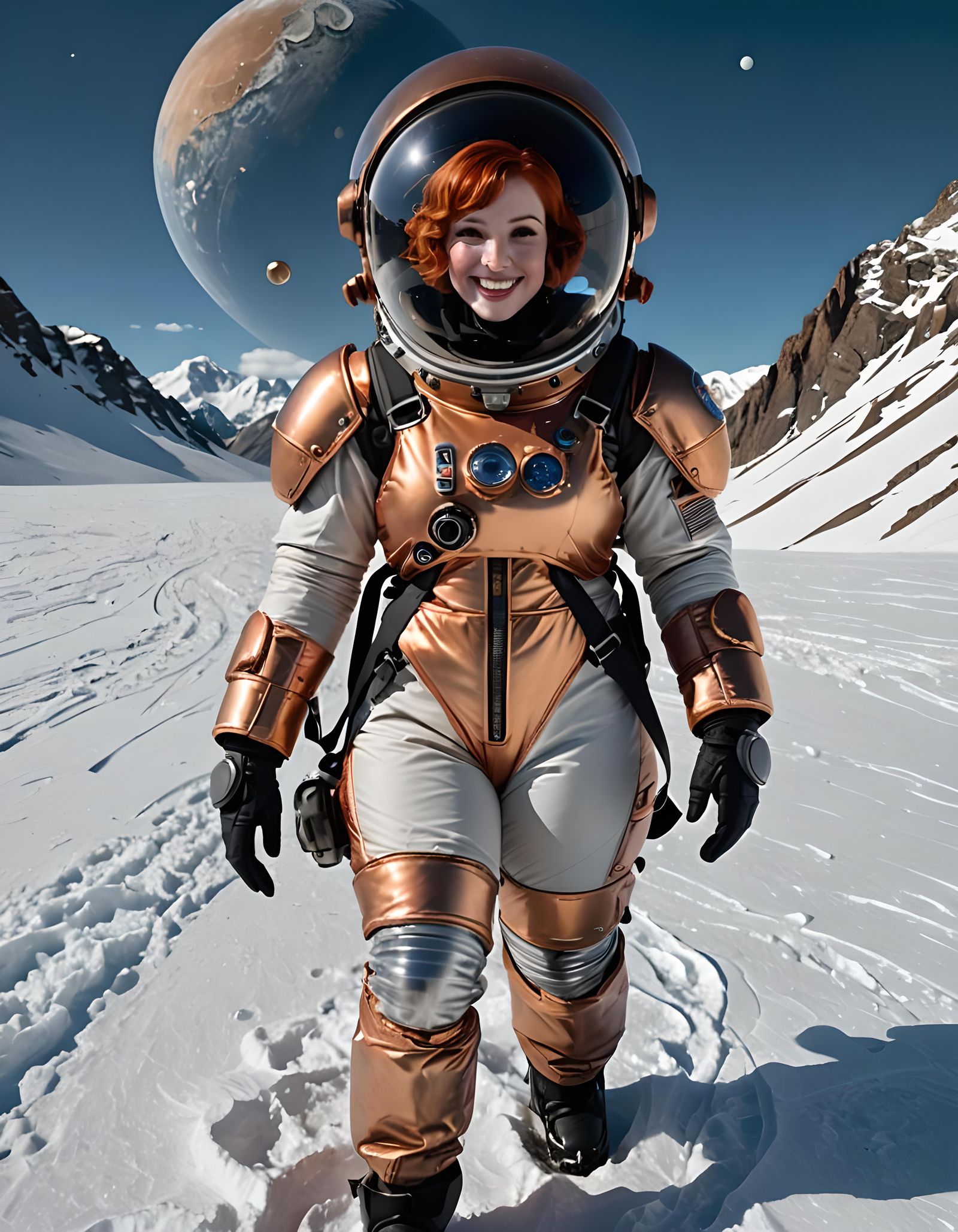 Redhead Astronaut Smiles on an Icy Planet
