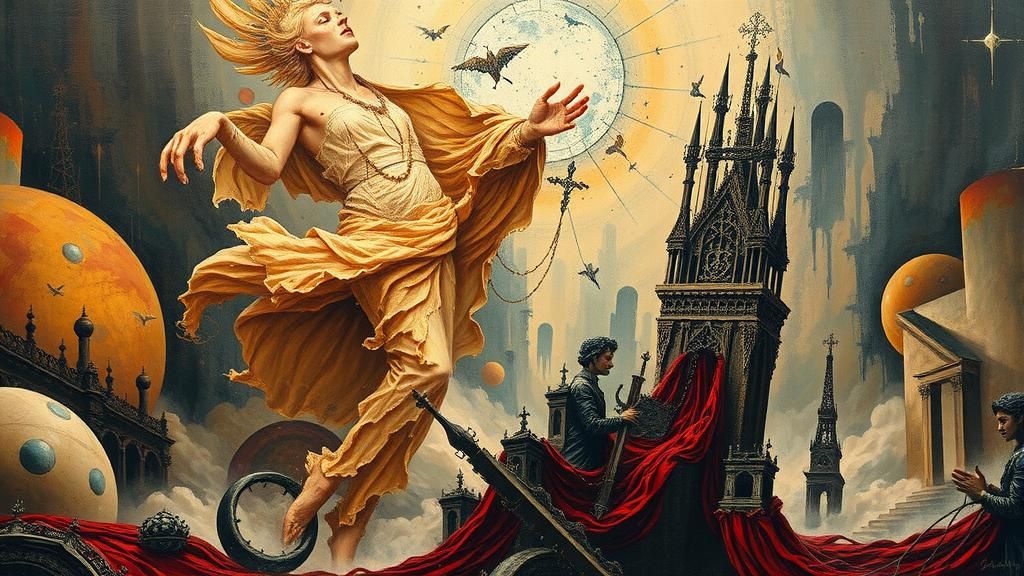 Surreal Bride Descending in Dystopian Landscape