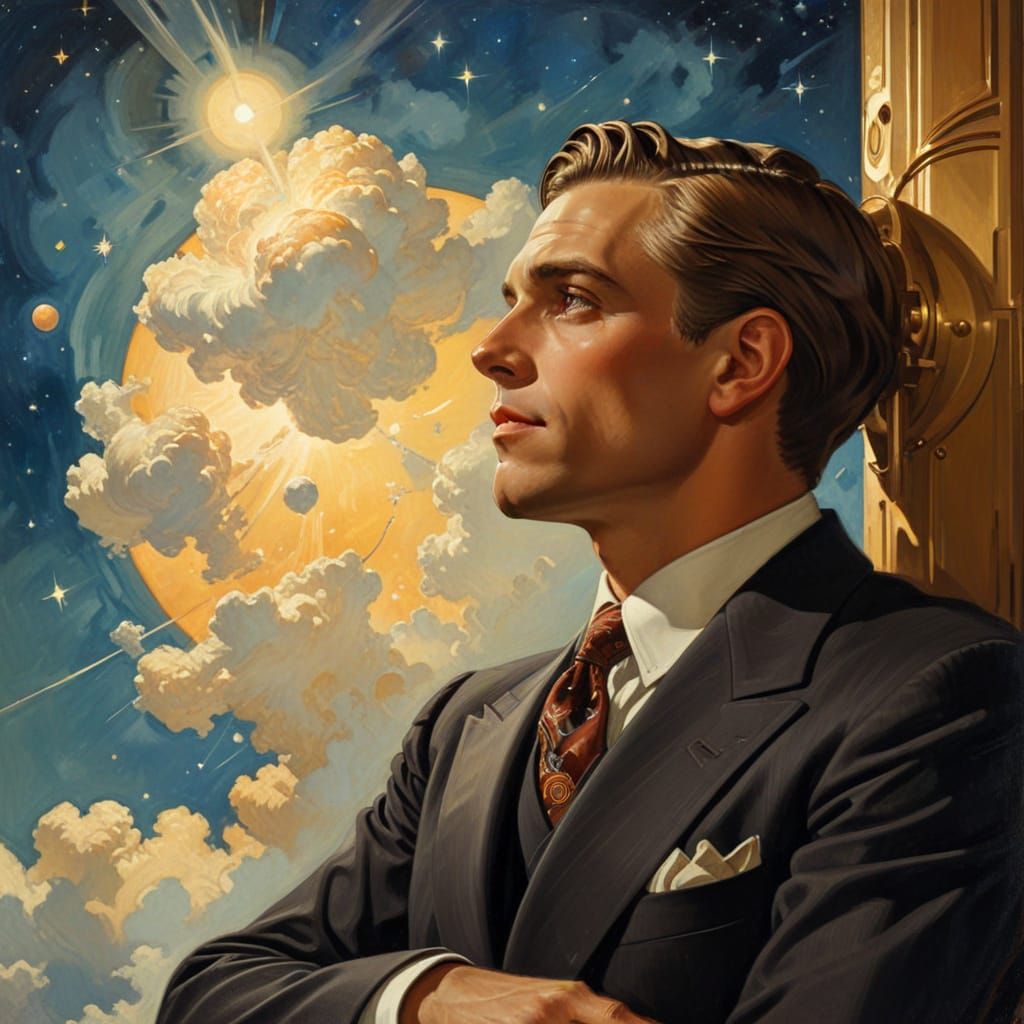 Successful Man Ponders Cosmic Mysteries in Vintage Style