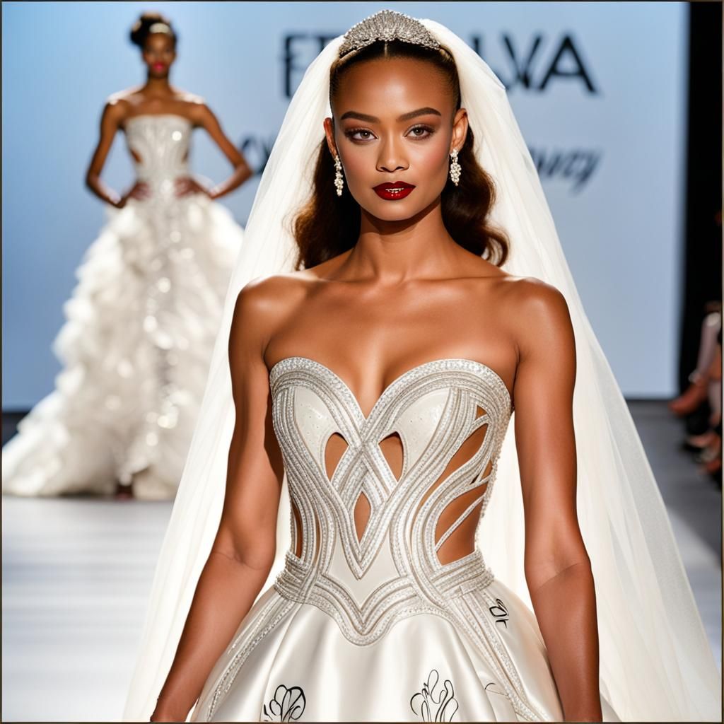 Elegant Woman Showcasing Wedding Gown on Runway