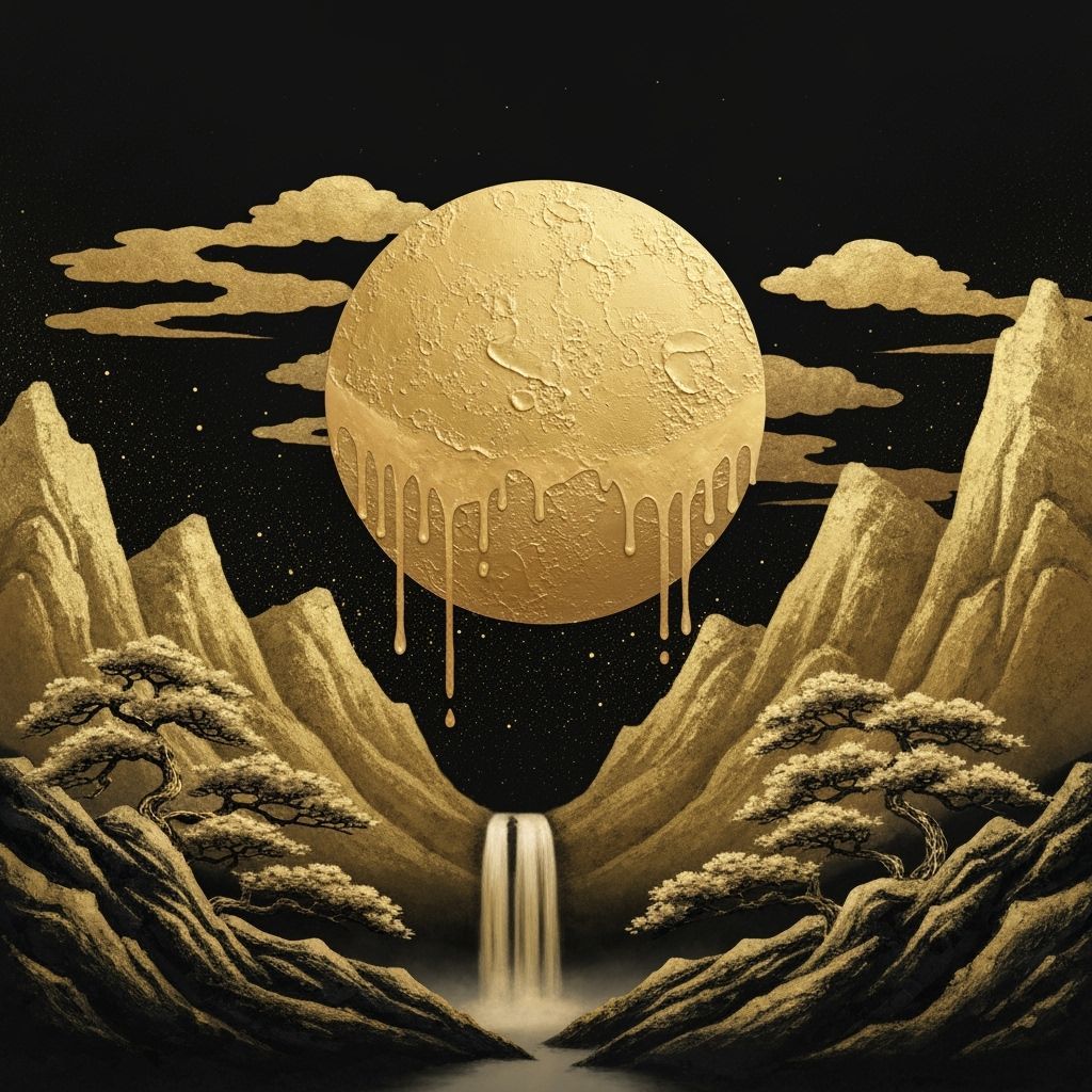 Surreal Gold Moon Landscape in Ink Painting Style