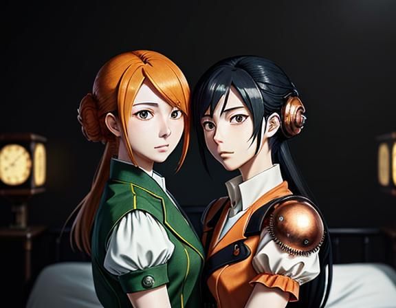 Anime Twins Kiss in Steampunk Manga Style