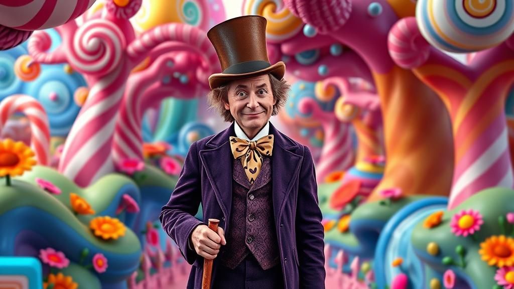 Willy Wonka in a Kaleidoscopic Candy Land