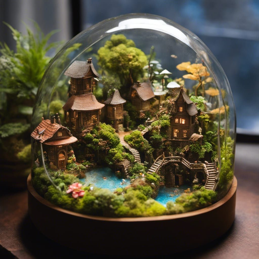 Dreamy Miniature City in Clouds Terrarium, Ghibli Style