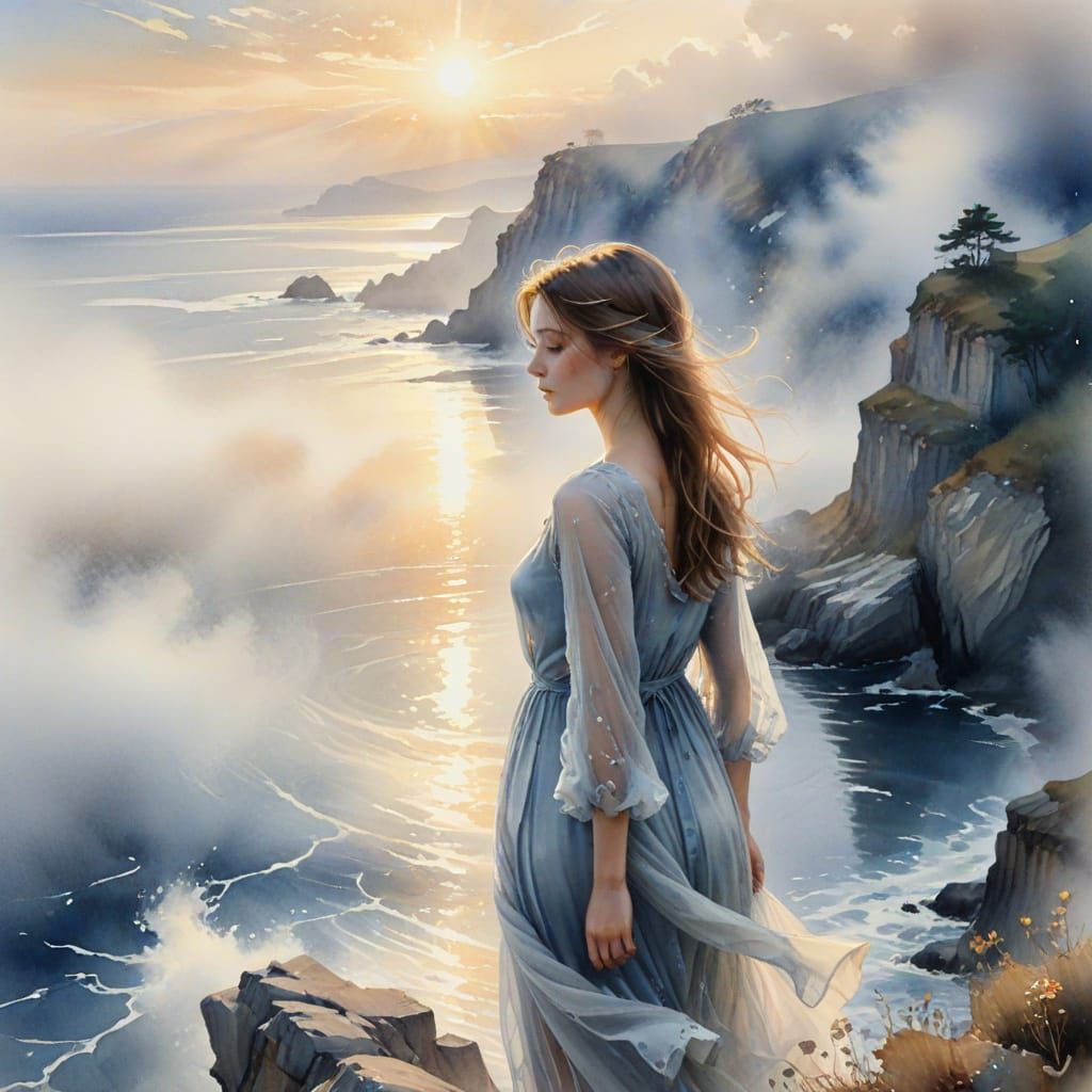 Ethereal Watercolor of Woman on Cliff Overlooking Foggy Ocea...
