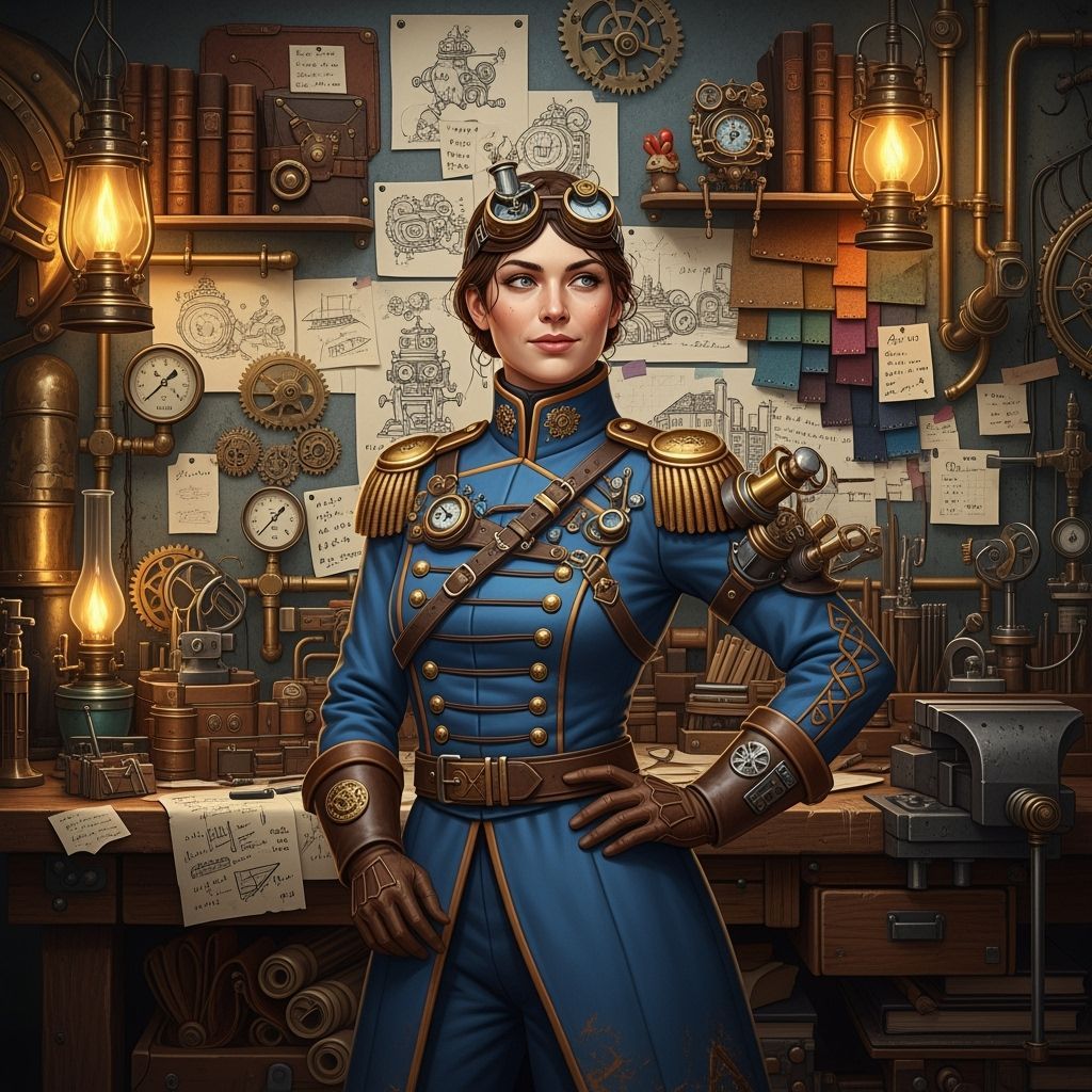 Steampunk Woman in Workshop with Blue Military Uniform