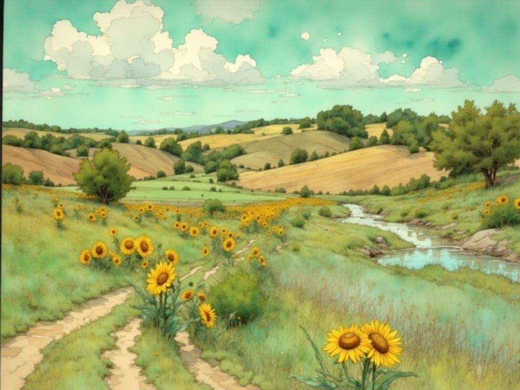 Sunflowers in River Valley: Impressionist Painting