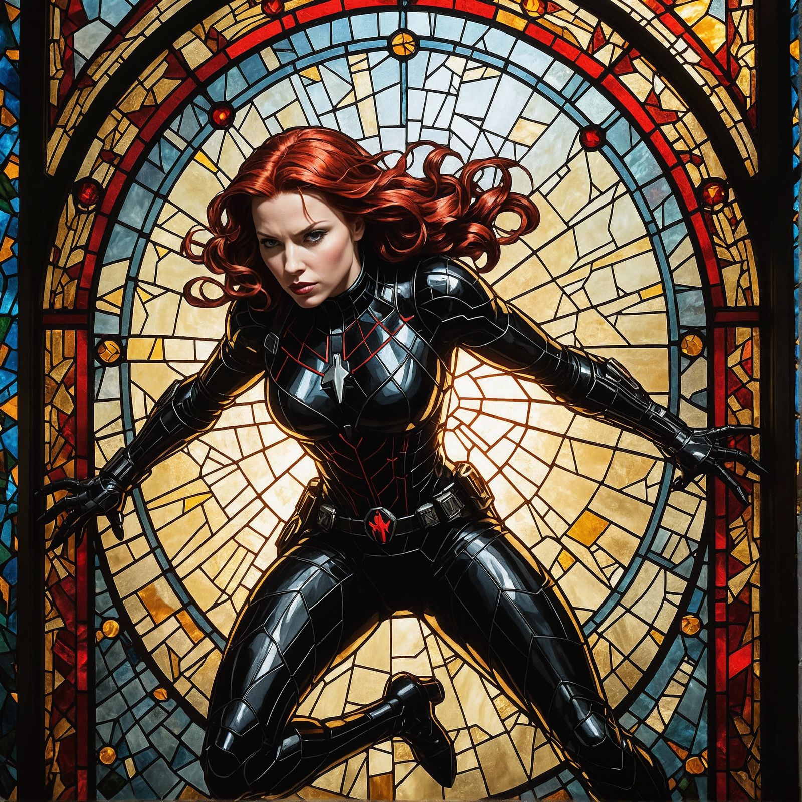 Stained Glass Mosaic: Black Widow in Action