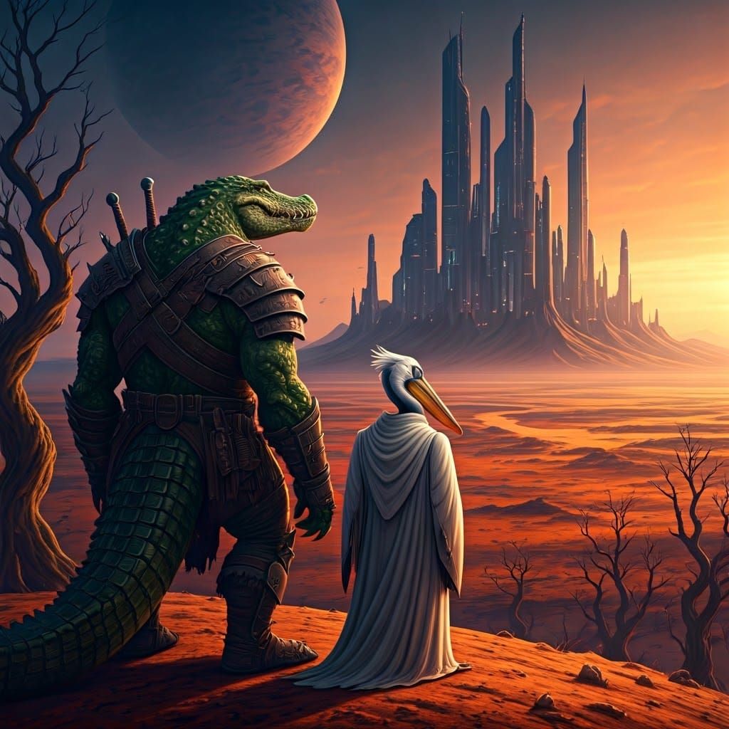 Orc Hybrids Stand Vigilant Over Futuristic Alien Cityscape