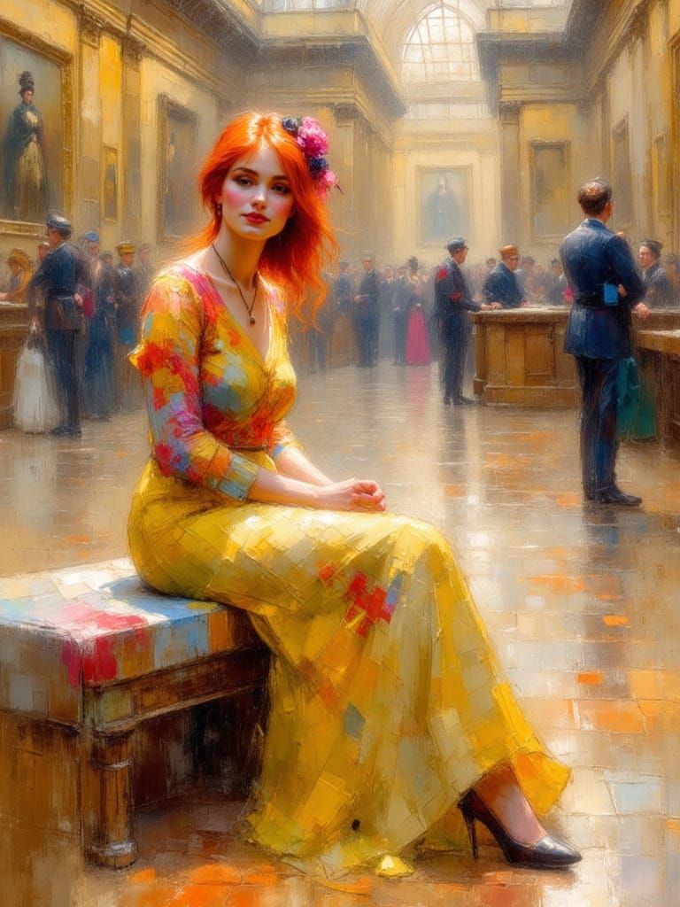 Woman in Museum, Impressionist Oil Painting