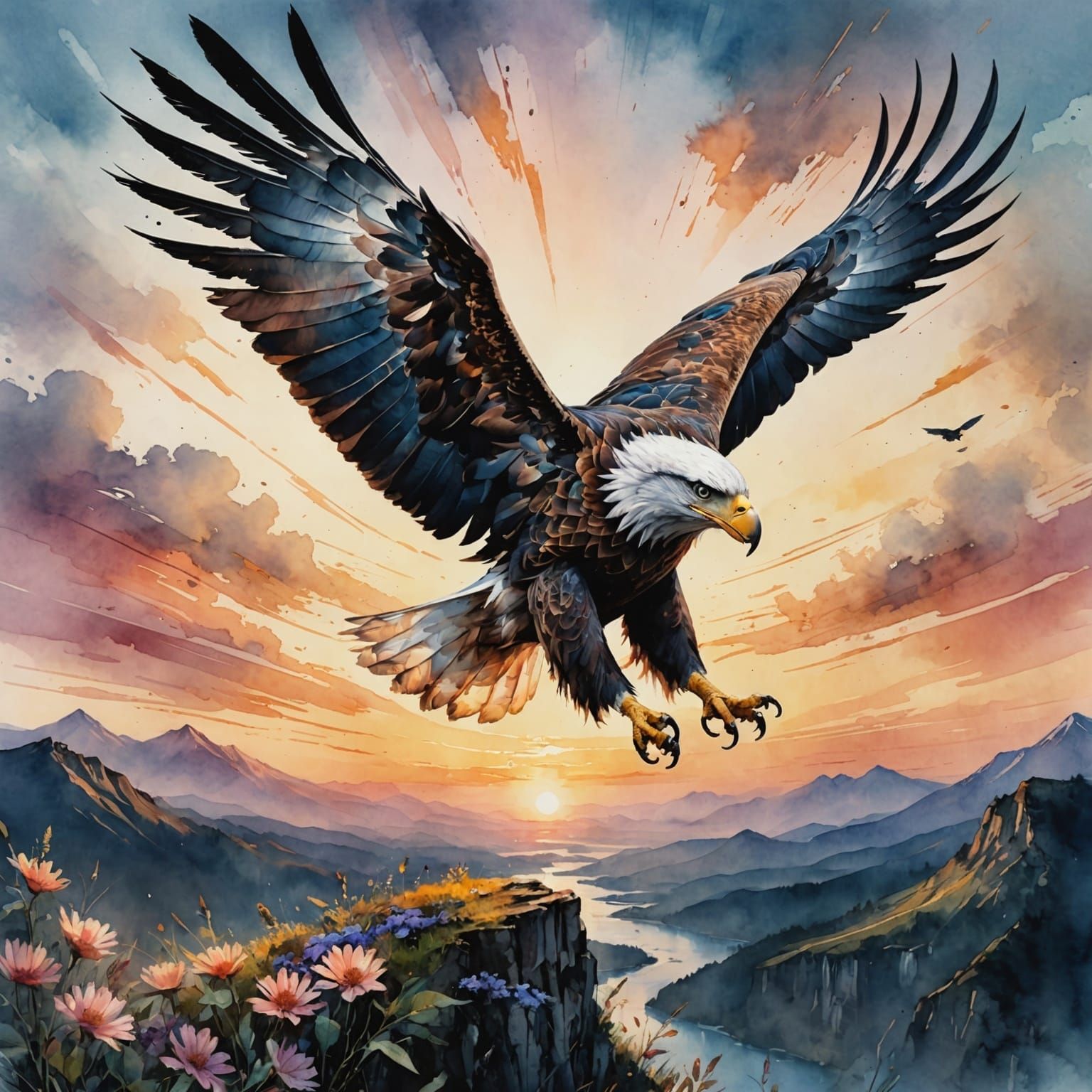 Eagle Flight at Dawn in Watercolor Style