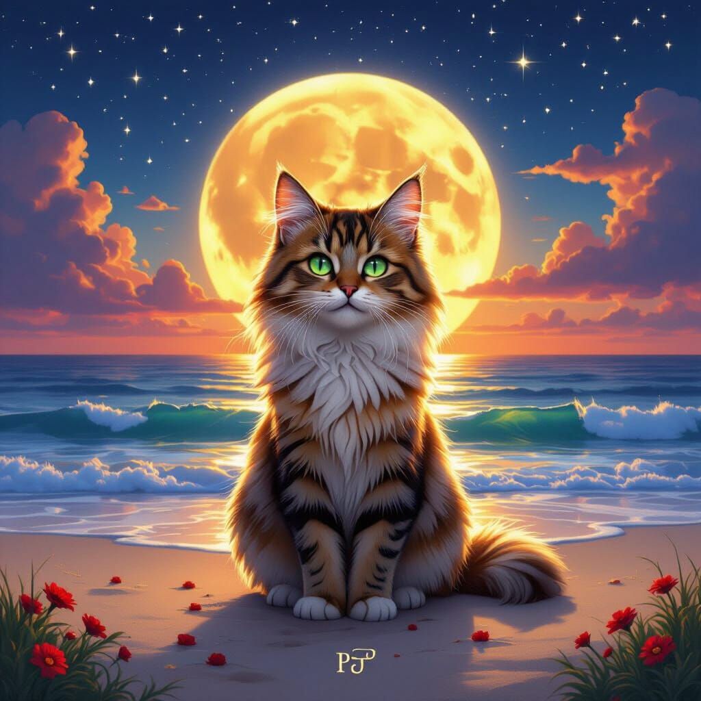 Fantasy Cat on Beach at Sunset with Moon and Stars