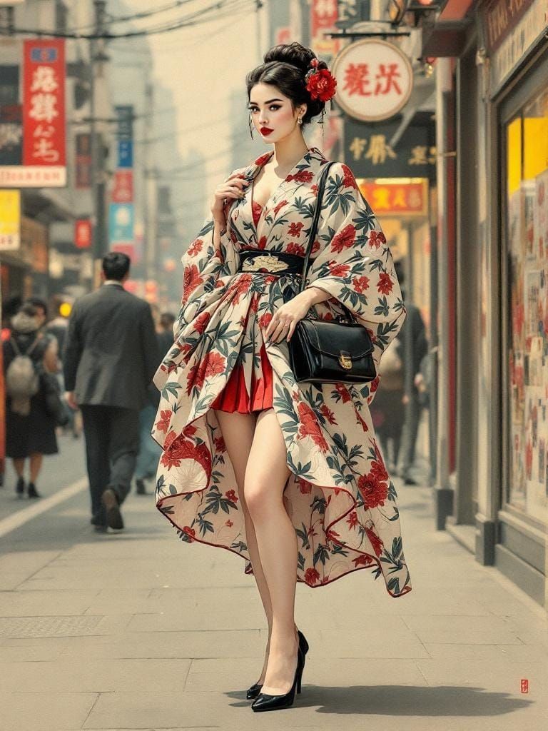 Ukiyo-e Style Pin-Up on City Sidewalk