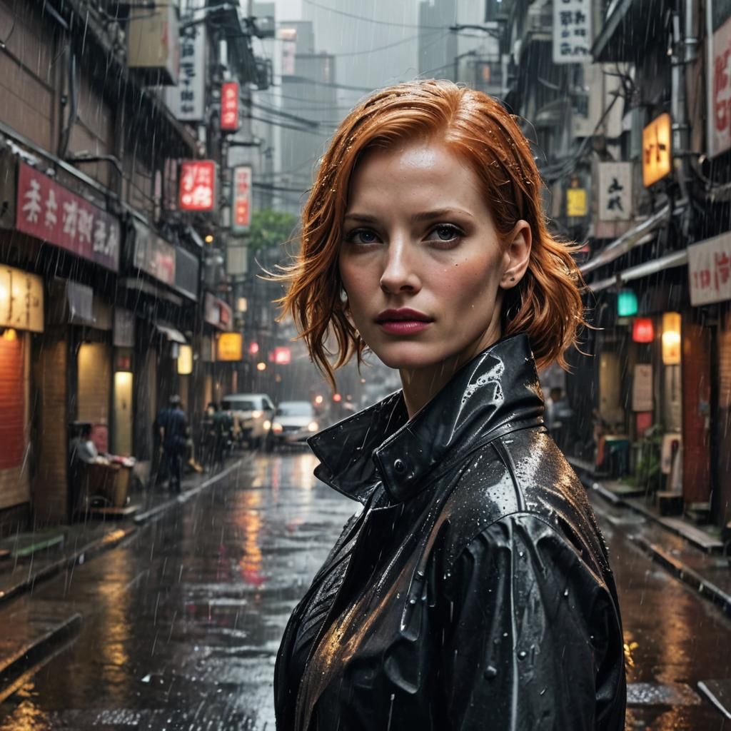 Cyberpunk Assassin in Rainy Tokyo Alley