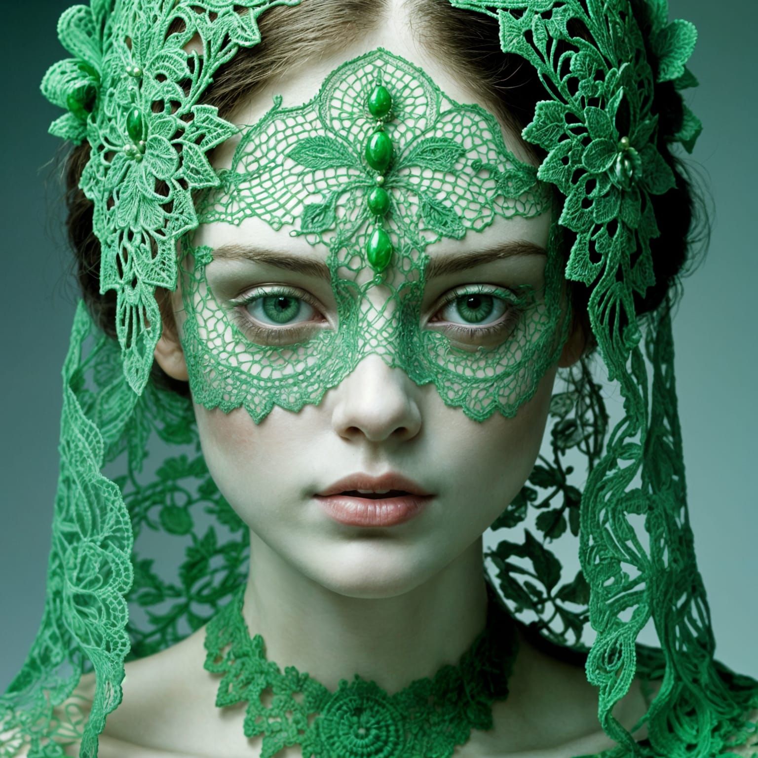 Beautiful Woman in Green Lace: Hyperrealistic Portrait