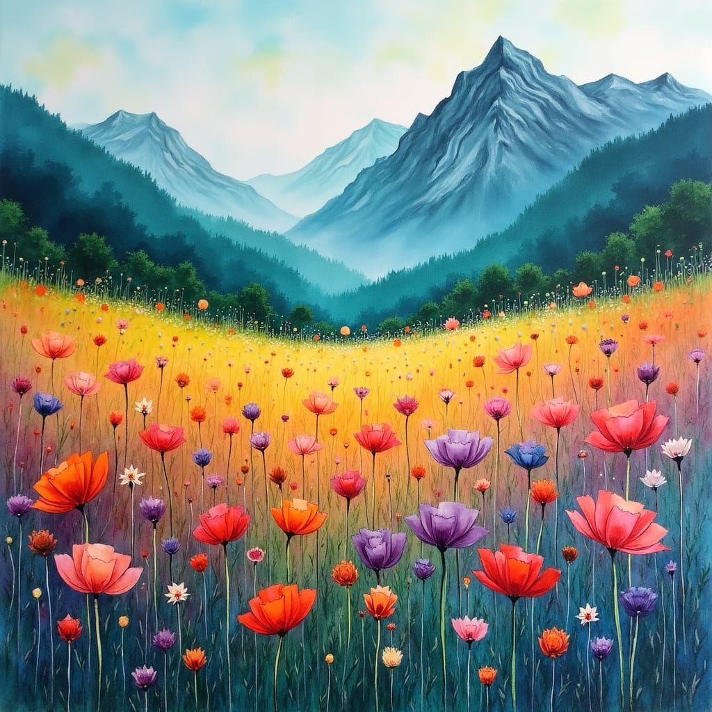 Encaustic Watercolor Field with Mountain Range