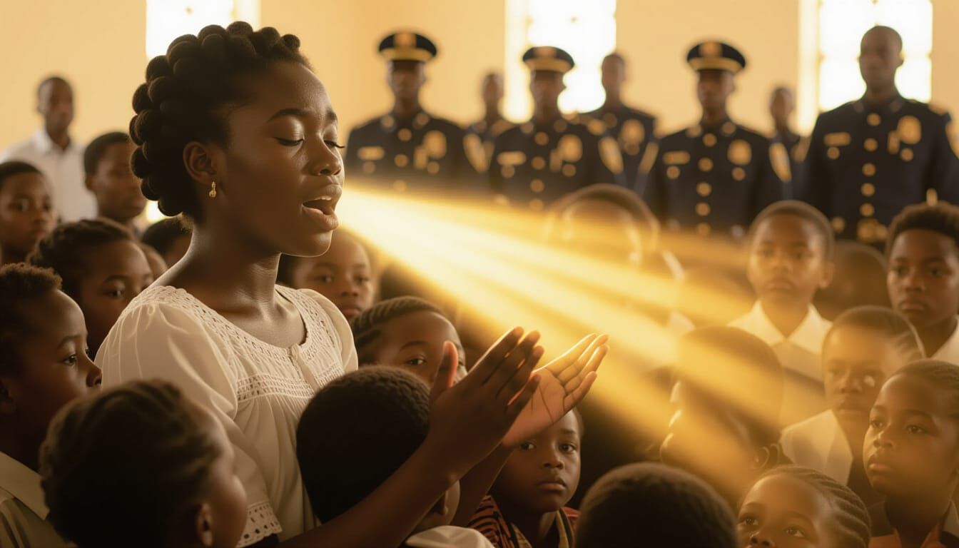 African Girl Sings in Church with Divine Light