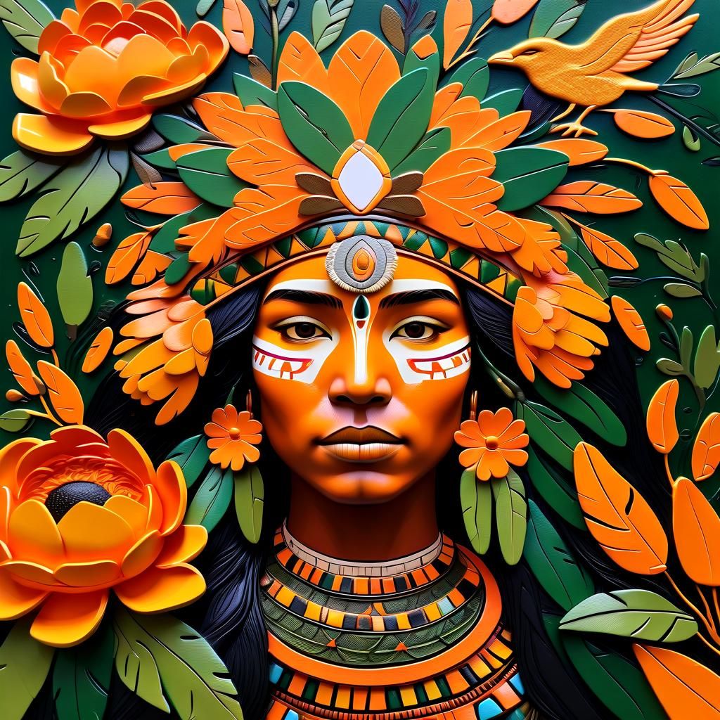 Vibrant Indigenous Woman with Floral Adornments