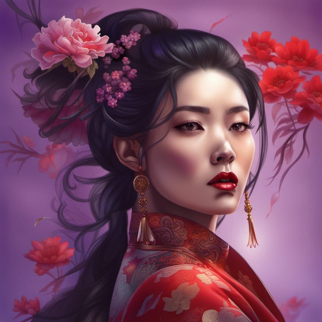 Chinese Woman in Traditional Dress with Flowers