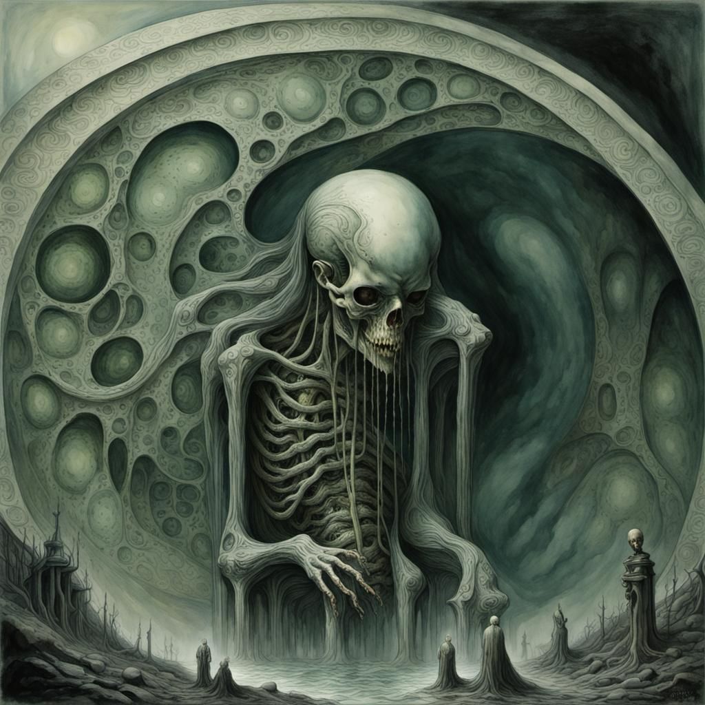 Ethereal Watercolor Figure in Giger-esque Horror Style