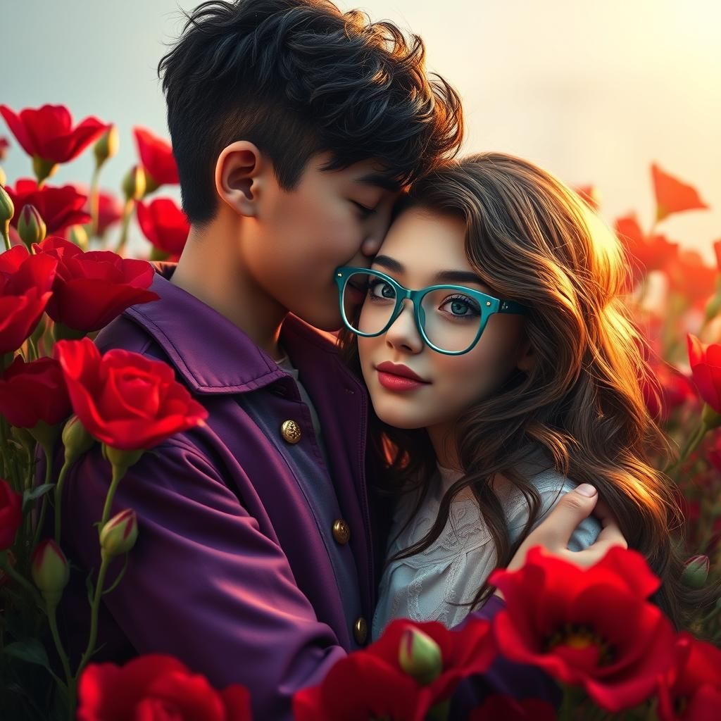 Romantic Kiss in Hyperrealistic Fantasy Landscape