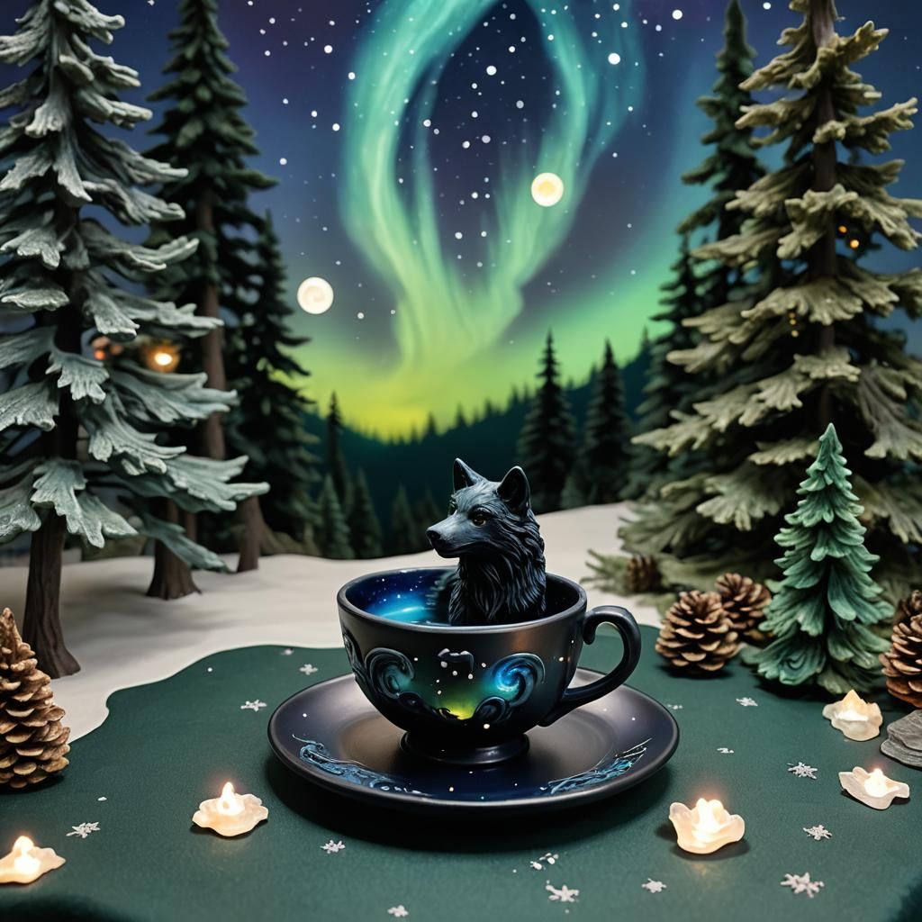 Wolf and Aurora Teacup in Polymer Clay