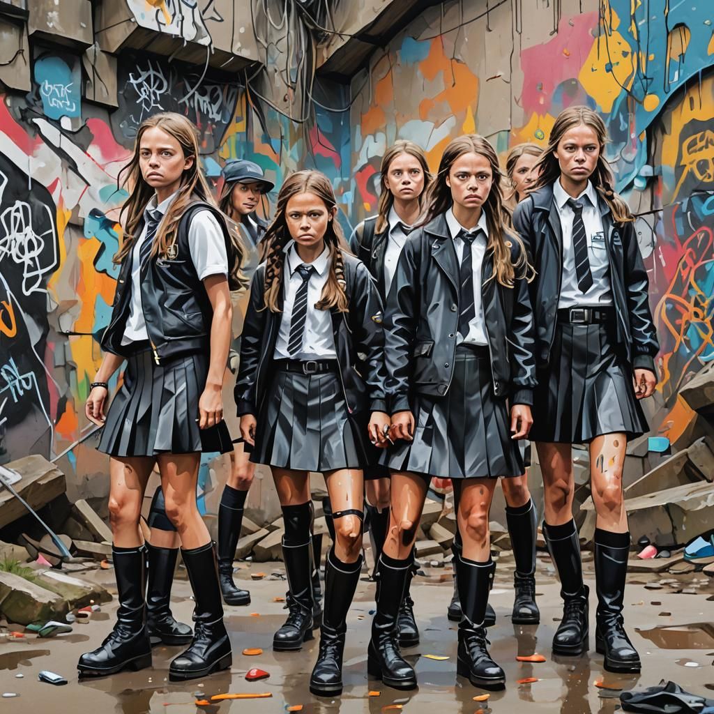 Schoolgirls Assemble at Kynance Cove in Graffiti Art