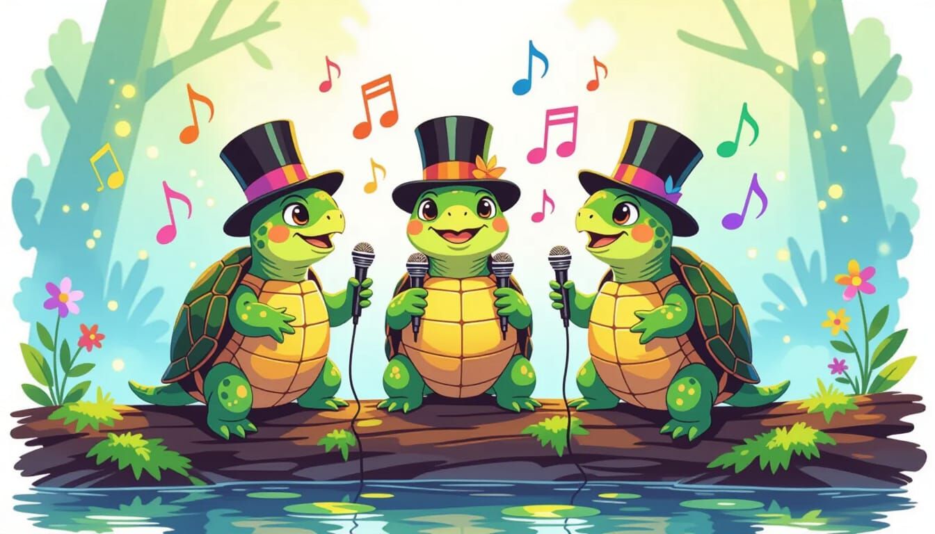 Singing Turtles in a Whimsical Disney-Miyazaki Style
