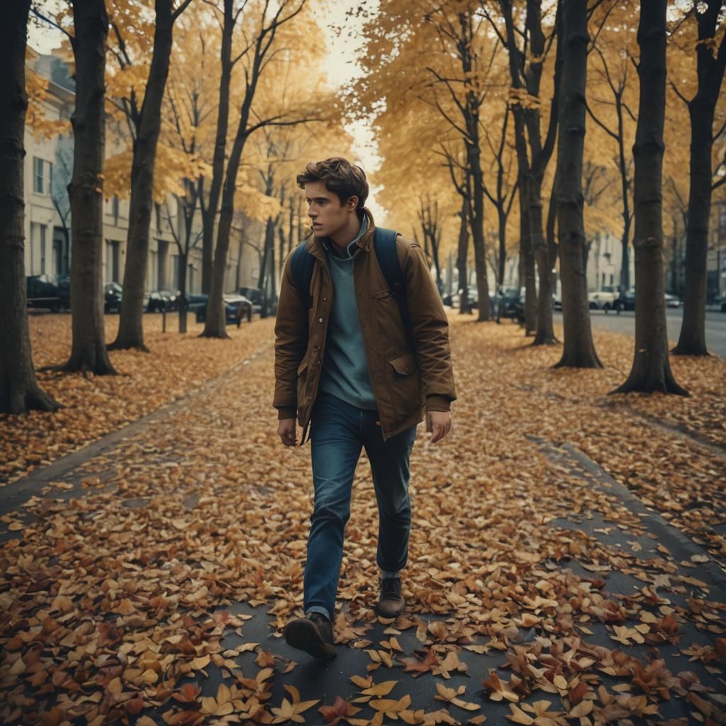 Autumn Walk: Cinematic Film Still in Golden Light