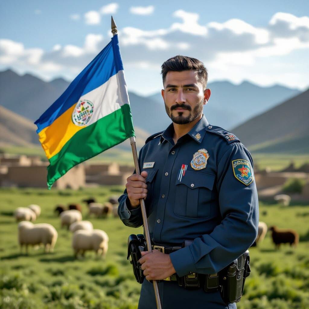 Afghan Police Officer Holds Hazaraistan Flag in Rural Valley