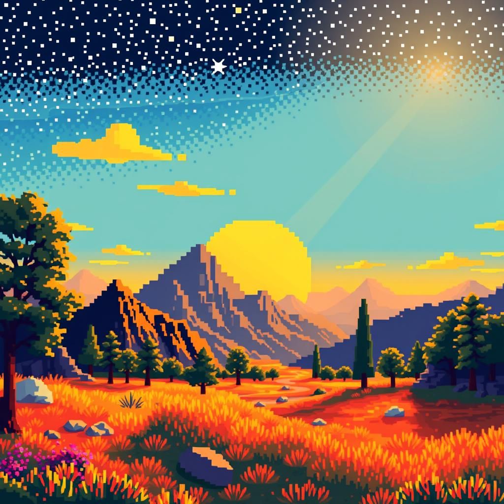 Pixelated Sunset Landscape in 8-Bit Style