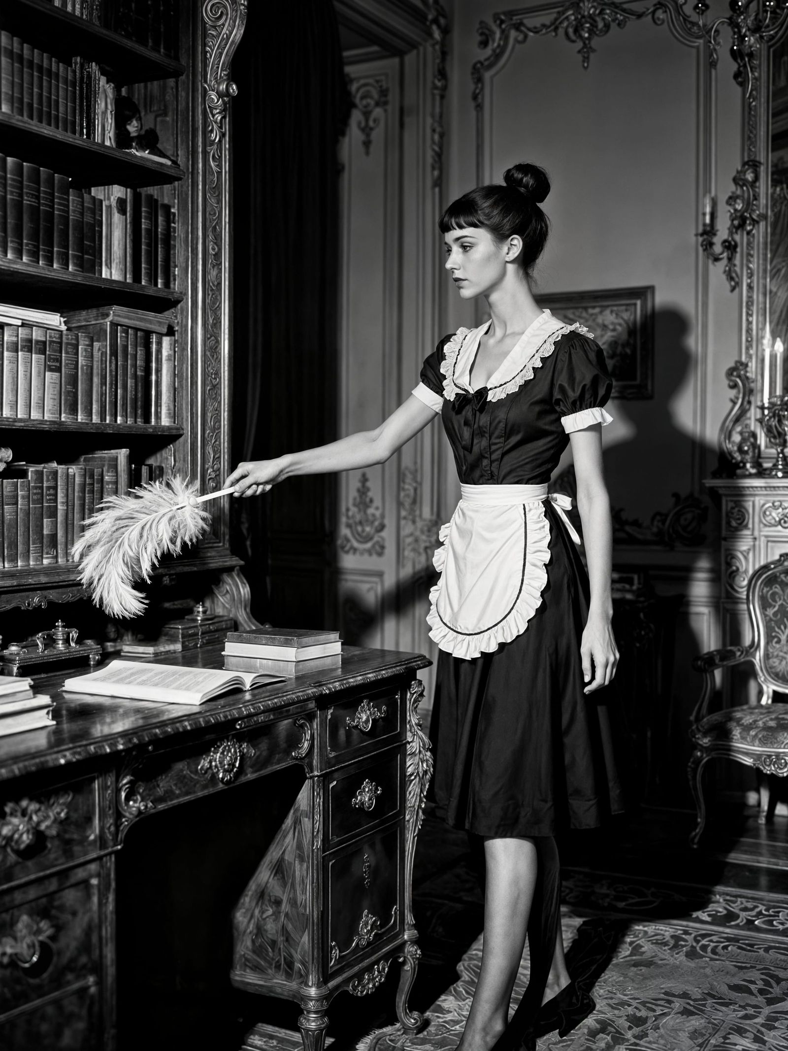 1920s Maid Dusts Ornate Study in Daguerreotype Style