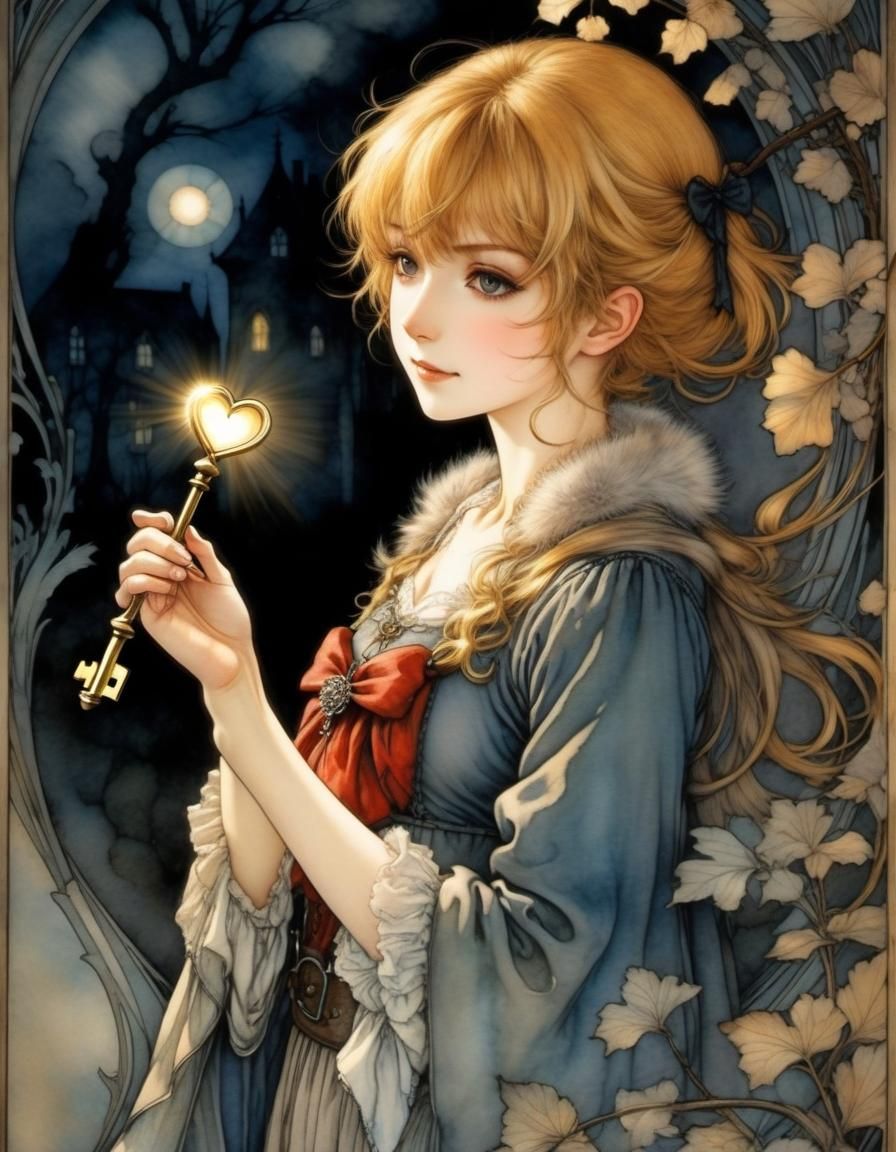 Anime Woman with Heart-Shaped Key, Fantasy Art