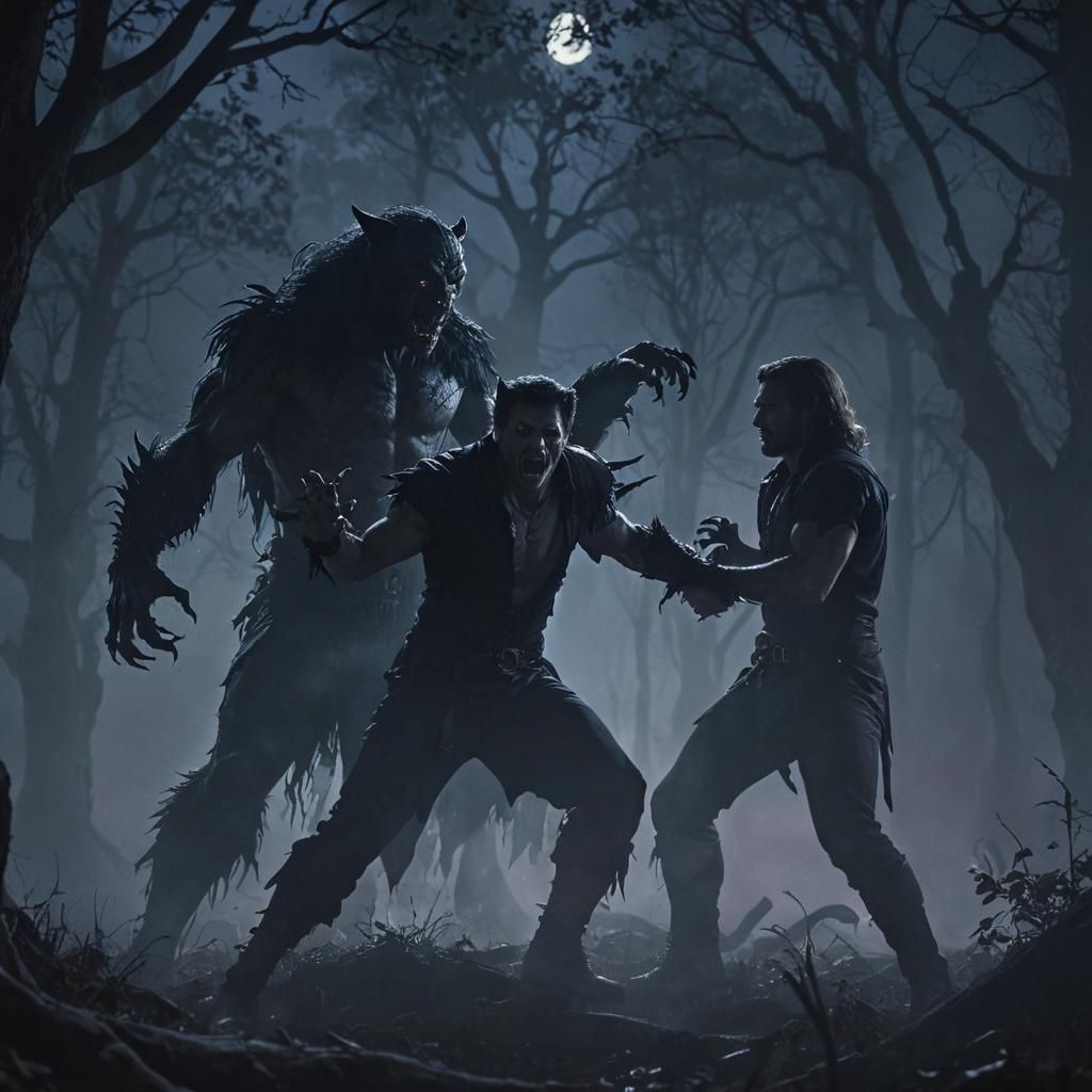 Vampire and Werewolf Battle in Dark Gothic Forest