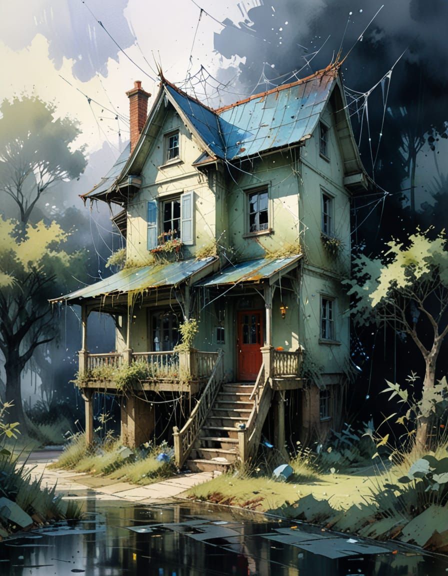 Intricate Spiderweb House Watercolor Painting