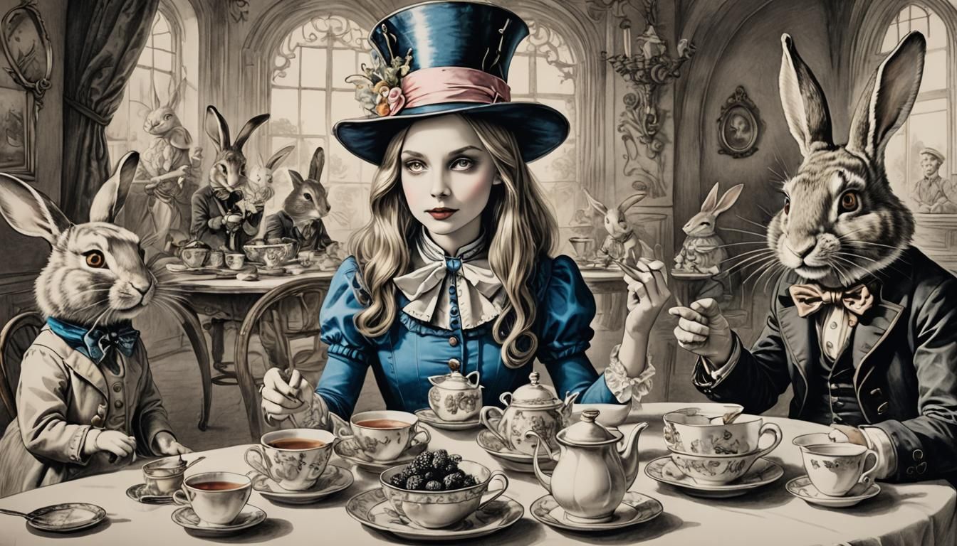 Alice's Surreal Tea Party in Wonderland: Storybook Illustrat...