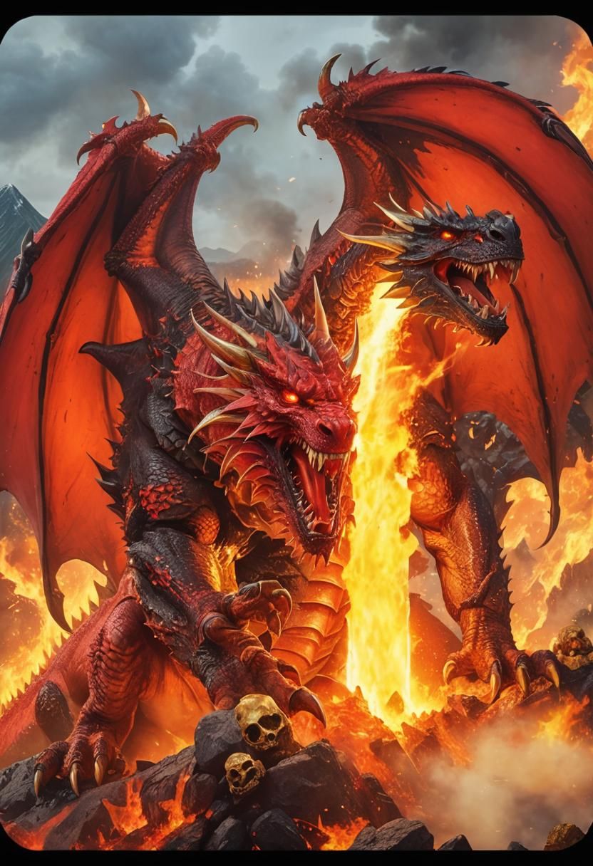 Photorealistic Red Dragon Stabbing Volcano with Flaming Swor...
